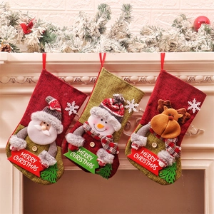 Christmas Stocking Gift Bag Large Burlap Linen 3D Cartoon Santa Snowman Reindeer Hanging Ornament Festive Home Holiday Decor