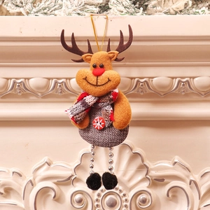 Hanging Christmas reindeer ornament with red nose, plaid scarf, and metal chain legs