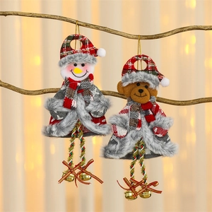 Christmas snowman and bear fabric ornaments with plaid hats and golden bells