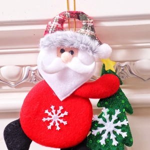Detail of felt Santa Claus ornament with plaid hat and sequined Christmas tree