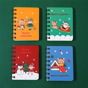 Set of four colorful Christmas A7 spiral notebooks featuring festive cartoon illustrations