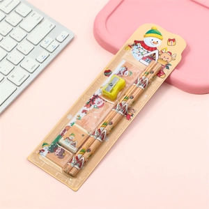 Detail of Christmas stationery set including pencils, eraser, ruler and sharpener