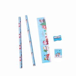 5-piece Christmas stationery set featuring Santa pencil, ruler, sharpener and eraser