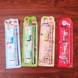 Detailed view of Christmas stationery set with pencils, ruler, eraser and sharpener