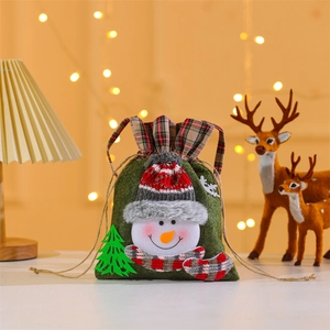 Green non-woven Christmas drawstring gift bag with 3D snowman and plaid patterns
