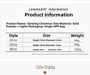 Size chart for glowing Christmas tree decorations showing height and diameter options