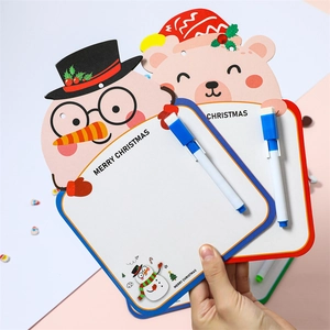 Detailed view of handheld snowman and bear Christmas mini whiteboards with marker pens