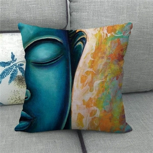Artistic Sakyamuni Buddha linen pillowcase detail with oil painting texture on gray sofa