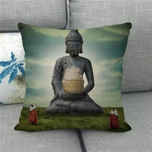 Linen pillow cover with surreal Buddha and red panda print on grey fabric sofa