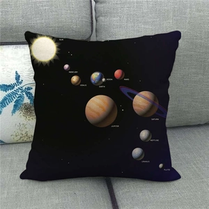 Detailed solar system design on a linen pillow cover featuring earth and all planets