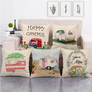 Linen Texture Decorative Cushion Covers Square Pillowcase For Sofa Couch Living Room Sunshine Camper Floral Print Home Decor Accessory