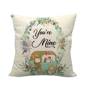 Square linen pillowcase with 'You're Mine' quote and hand-painted floral van pattern