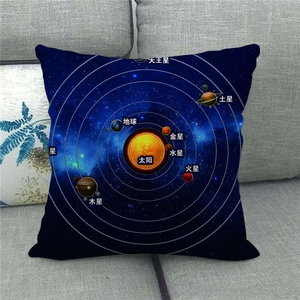 Square linen pillow cover with solar system planets design on a dark blue starry background