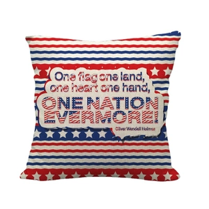 Square linen pillowcase featuring red blue stripes and patriotic stars with quote