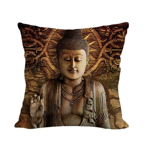 Linen pillowcase featuring a golden Buddha statue with mandala art on a rustic background