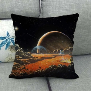 Sci-fi outer space planets design on linen square throw pillow case on a sofa