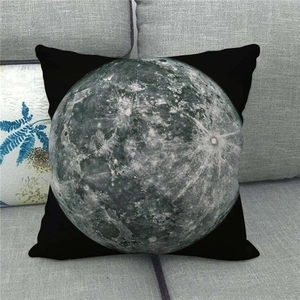 Macro detail of high-definition moon print on square black linen decorative pillowcase