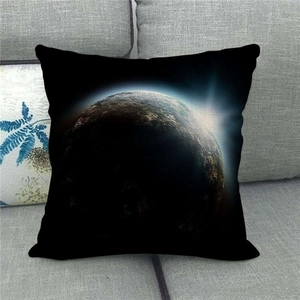 Detailed fabric texture of linen pillow case showing realistic planetary space design