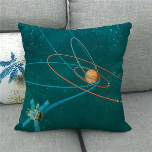 Detailed fabric texture of linen pillowcase featuring space satellite and planet prints