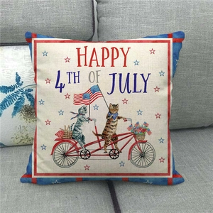 Detailed texture of linen Independence Day pillow cover featuring July 4th cat design
