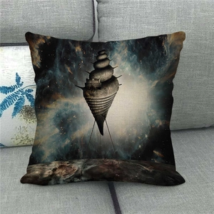 Detailed texture of linen cushion cover featuring a surreal cosmic seashell castle print