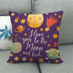 Space themed purple linen pillowcase featuring planets and I love you to the Moon message