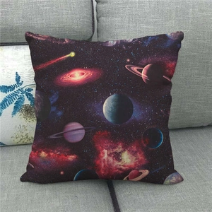 Detailed view of galaxy themed space planet pattern on a square linen cushion cover