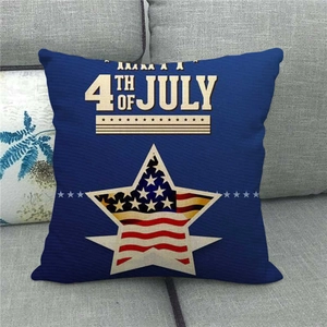Detailed texture of Fourth of July linen pillowcase on a soft gray fabric sofa