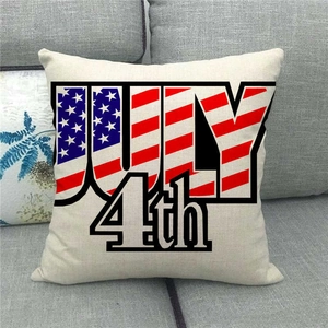 Linen Independence Day pillow cover with July 4th US flag pattern on a grey sofa