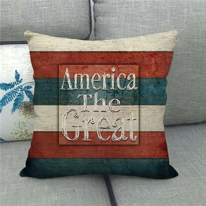 Detail of America The Great slogan on rustic linen pillow cover with woven texture