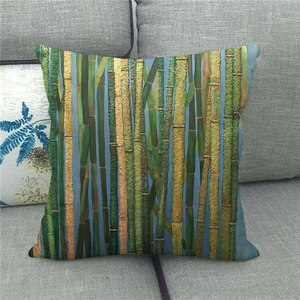 Detailed close-up of bamboo forest oil painting texture on a square linen cushion cover