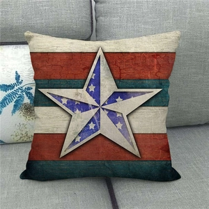 Vintage American flag star pillow cover on gray sofa, linen rustic decor for home