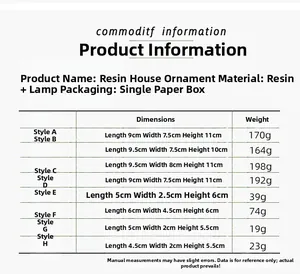 Detailed size chart for glowing resin Christmas house ornaments with weights and dimensions