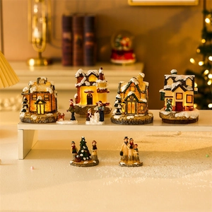 Luminous Christmas Village Resin House Figurine Miniature Desktop Ornament LED Light Snow Cabin For Holiday Decor Kids Gift