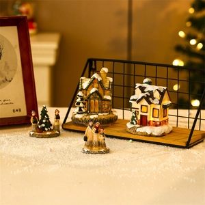 Lighted Christmas village house resin figurines set with LED lights and winter trees