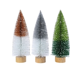 Three-piece mini gradient Christmas trees with snowy branches on round wooden bases