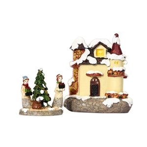 Luminous Christmas resin house set with snowy yellow cottage and figures under a tree