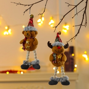 Christmas tree hanging ornaments set featuring plush bear and reindeer with wooden beads