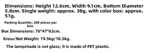Detailed size chart for the LED pumpkin lantern showing height 12.6cm and PET plastic material