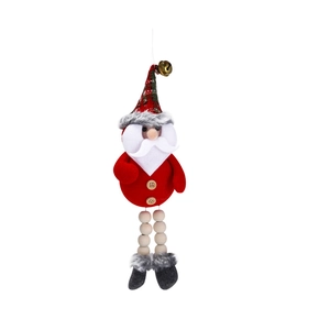 Plush Santa ornament with plaid hat, golden bell, and wooden bead legs for Christmas tree