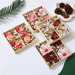12-piece Valentine's Day wooden hanging ornaments in a grid box with rustic beads