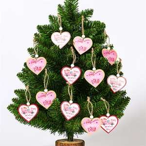 Detail of wooden heart ornaments with truck design and Happy Valentine's Day text