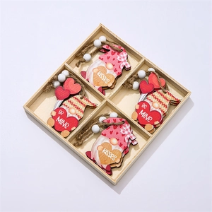 Set of four wooden Valentine Gnomes with hearts in a four-grid tray for holiday decor