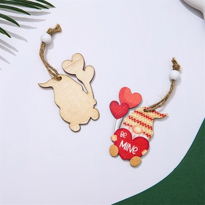 Detail of laser-cut wooden Valentine gnomes with Be Mine heart and decorative beads