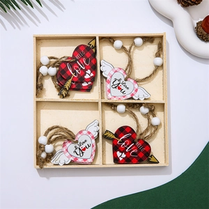 Detail view of 12-piece wooden Valentine heart ornaments in a four-grid craft gift box