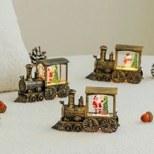 Bronze Christmas train lantern with warm LED lights, Santa and snowman water glitter