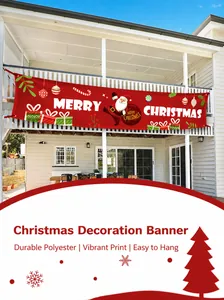 Outdoor Christmas banner with Santa and gift motifs on a red holiday backdrop