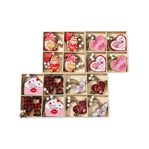 12pcs Valentine's Day wooden ornaments set with gnomes and hearts in a divided wood box