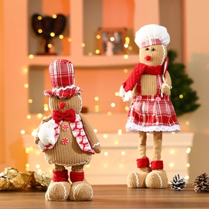 Pair of telescopic gingerbread plush figurines with corduroy texture for Christmas decor