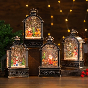 Vintage bronze musical Christmas lantern snow globe with Santa and reindeer scenes